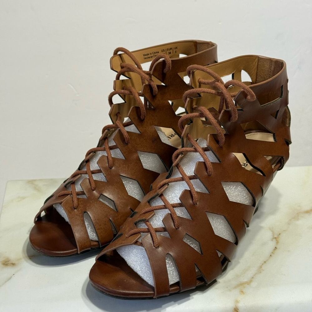 Call It Spring Brown Gladiator Cutout Lace-Up Wedge Sandals Sz 7.5